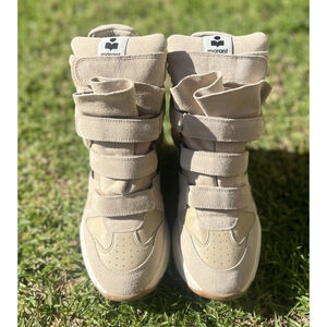 ISABEL MARANT Women’s Balskee High-Top Leather Wedge Sneakers Beige Suede EU 38